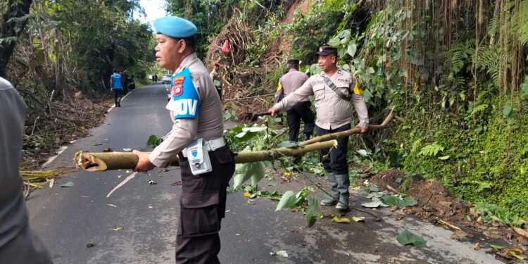 Sinergisitas Polsek Baturiti dan Forkopimcam Bersihkan Sisa Tanah Longsor di Desa Apuan